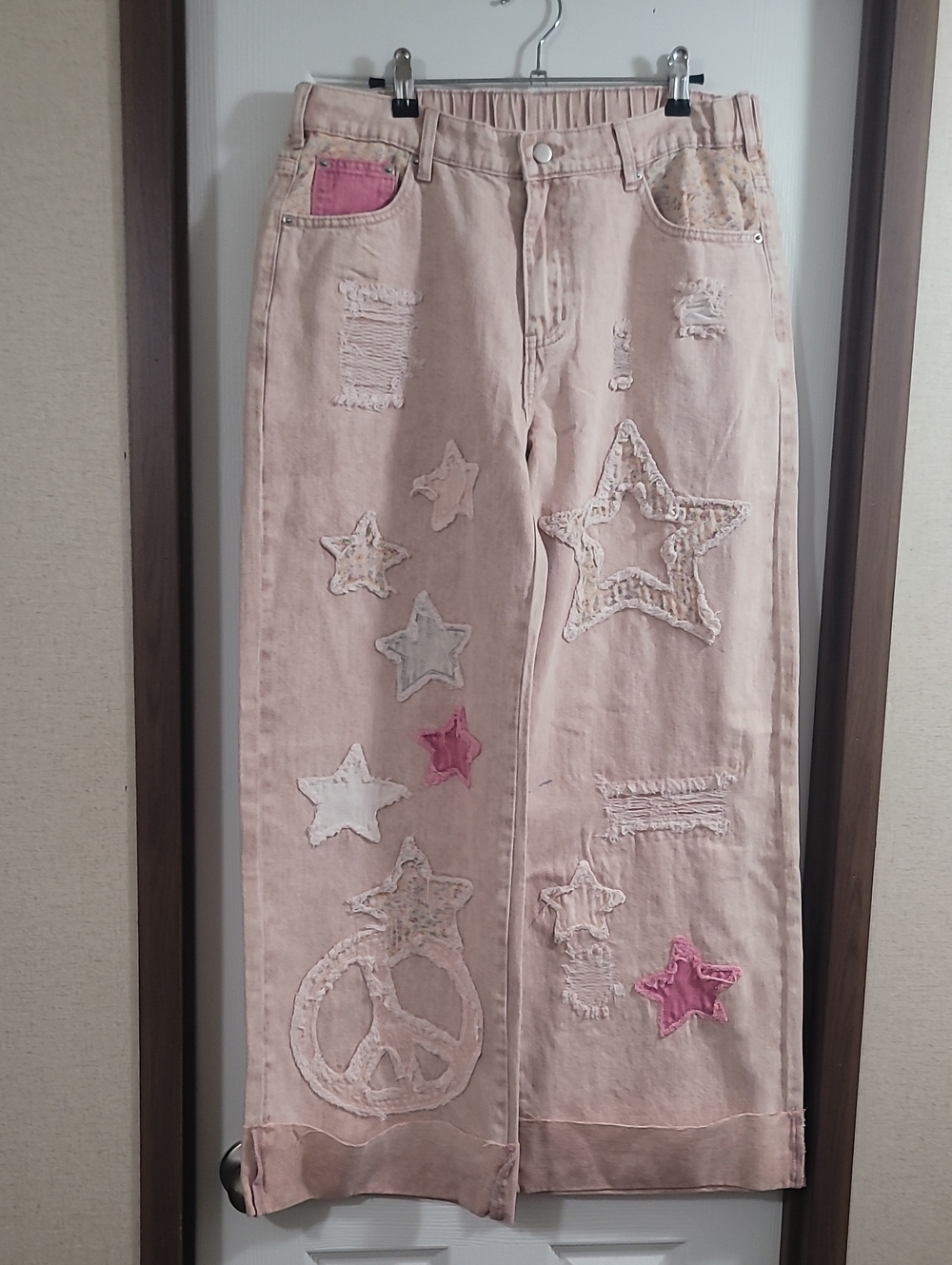 Oli & Hali Jeans Women’s Pink Star-Appliqué Wide Leg Jeans